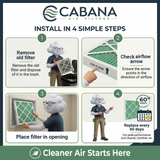 Step-by-step guide for installing Cabana air filters with cartoon character illustrations.