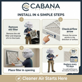 Step-by-step guide for installing Cabana air filters with cartoon character illustrations.